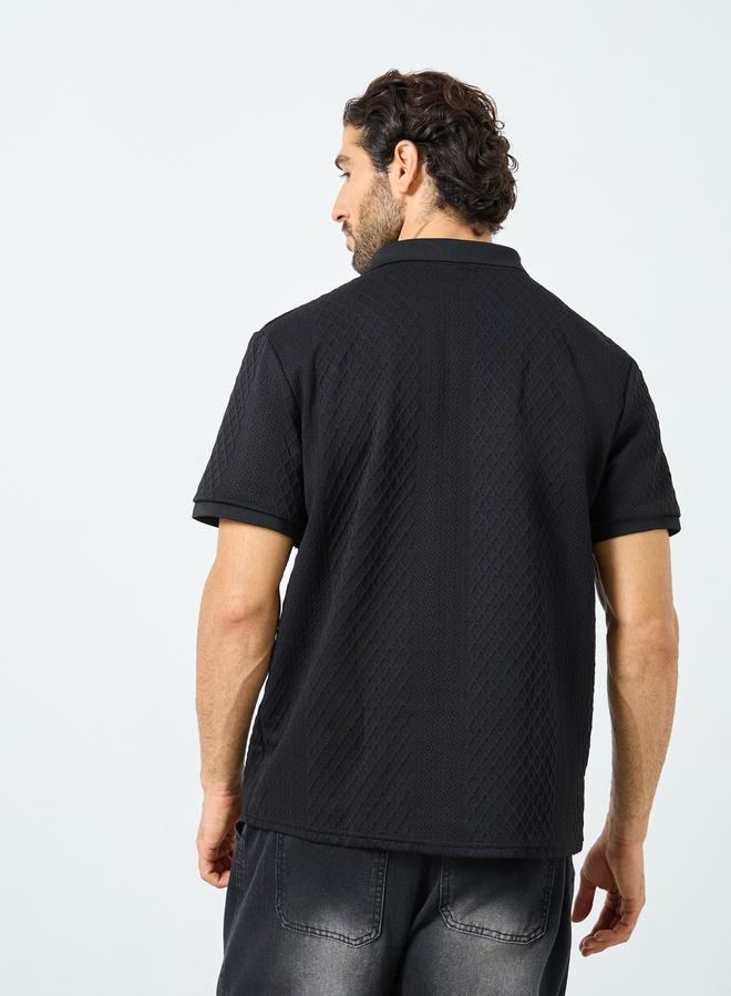 Styli Black Textured Regular Fit Polo T-Shirt - Image 5