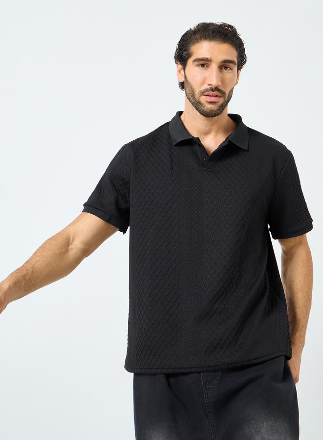 Styli Black Textured Regular Fit Polo T-Shirt - Image 1