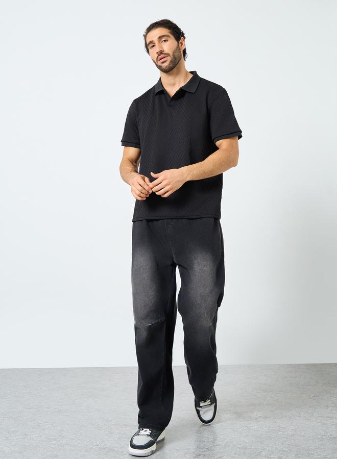 Styli Black Textured Regular Fit Polo T-Shirt - Image 2