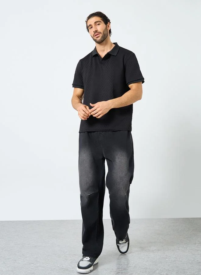 Styli Styli Black Textured Regular Fit Polo T-Shirt