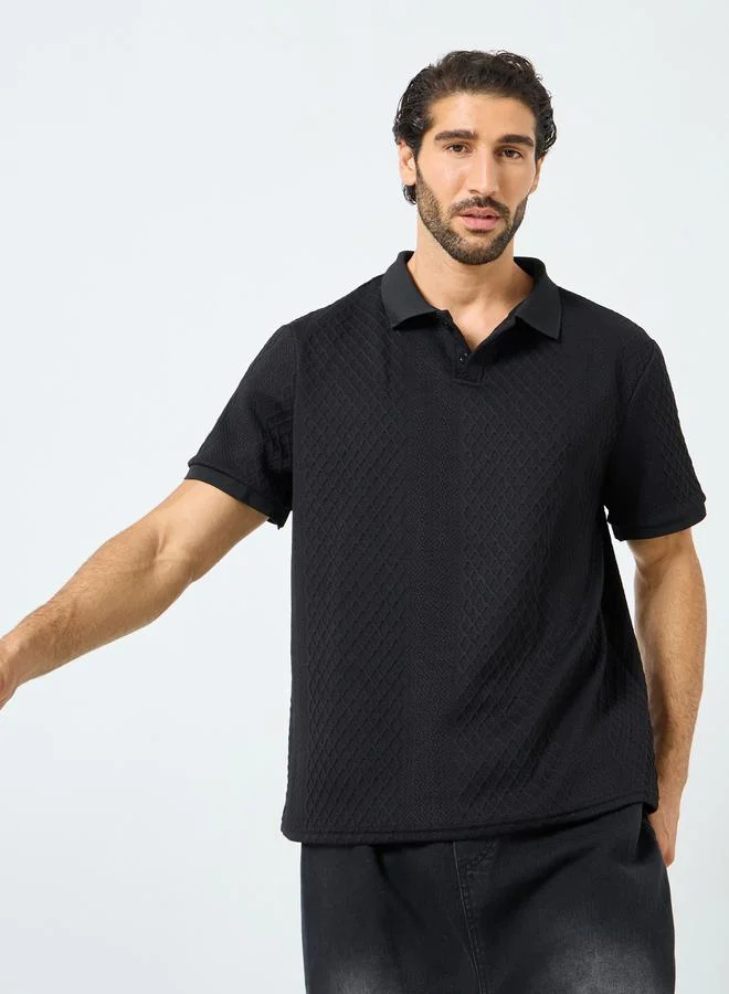 Styli Black Textured Regular Fit Polo T-Shirt