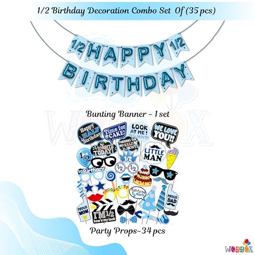 WOBBOX Half Birthday Photo Booth Party Props Blue for Baby Boy with Half Birthday Bunting Banner for Baby Boy in Blue, 1/2 Birthday Decorations for Boys, Kids Birthday Party Decoration Items - Image 2