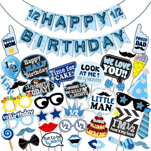 WOBBOX Half Birthday Photo Booth Party Props Blue for Baby Boy with Half Birthday Bunting Banner for Baby Boy in Blue, 1/2 Birthday Decorations for Boys, Kids Birthday Party Decoration Items - Image 1