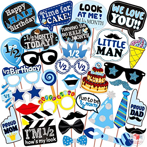 WOBBOX Half Birthday Photo Booth Party Props Blue for Baby Boy with Half Birthday Bunting Banner for Baby Boy in Blue, 1/2 Birthday Decorations for Boys, Kids Birthday Party Decoration Items - Image 5