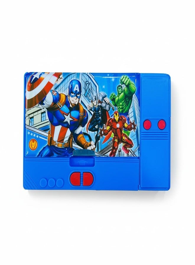 Crafty Cuddle Big Size Dual Sided Pencil Box with Magnetic Closure, Button Operated, Built-in Sharpener, Multiple Compartments, Cartoon Theme (Blue (Avenger)) - Image 1