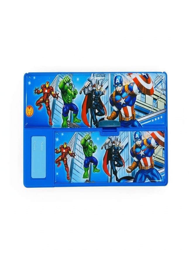 Crafty Cuddle Big Size Dual Sided Pencil Box with Magnetic Closure, Button Operated, Built-in Sharpener, Multiple Compartments, Cartoon Theme (Blue (Avenger)) - Image 2