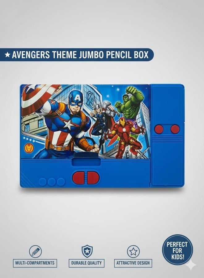 Crafty Cuddle Big Size Dual Sided Pencil Box with Magnetic Closure, Button Operated, Built-in Sharpener, Multiple Compartments, Cartoon Theme (Blue (Avenger)) - Image 5
