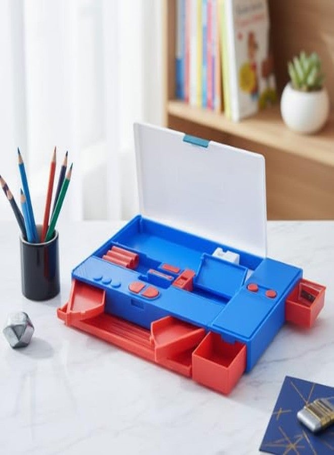 Crafty Cuddle Big Size Dual Sided Pencil Box with Magnetic Closure, Button Operated, Built-in Sharpener, Multiple Compartments, Cartoon Theme (Blue (Avenger)) - Image 3
