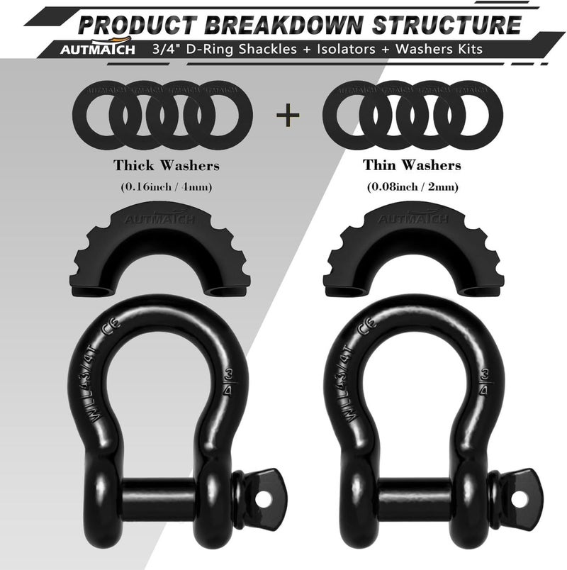 AUTMATCH D Ring Shackle 3/4" Shackles (2 Pack) 41,887Ibs Break Strength with 7/8" Screw Pin and Shackle Isolator Washers Kit for Tow Strap Winch Off Road Vehicle Recovery Black - Image 2