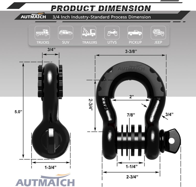AUTMATCH D Ring Shackle 3/4" Shackles (2 Pack) 41,887Ibs Break Strength with 7/8" Screw Pin and Shackle Isolator Washers Kit for Tow Strap Winch Off Road Vehicle Recovery Black - Image 3