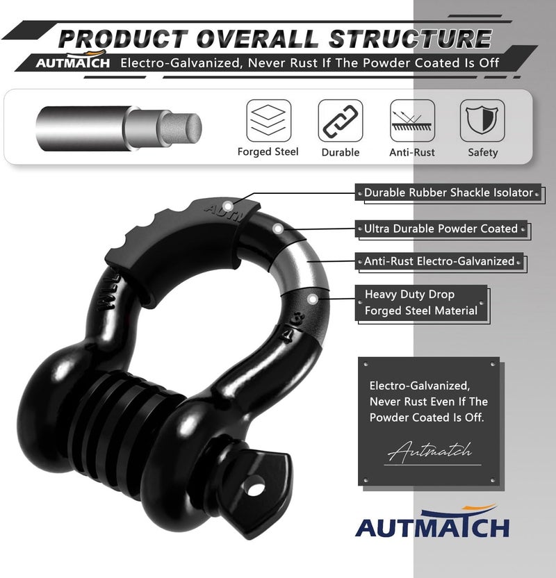 AUTMATCH D Ring Shackle 3/4" Shackles (2 Pack) 41,887Ibs Break Strength with 7/8" Screw Pin and Shackle Isolator Washers Kit for Tow Strap Winch Off Road Vehicle Recovery Black - Image 4
