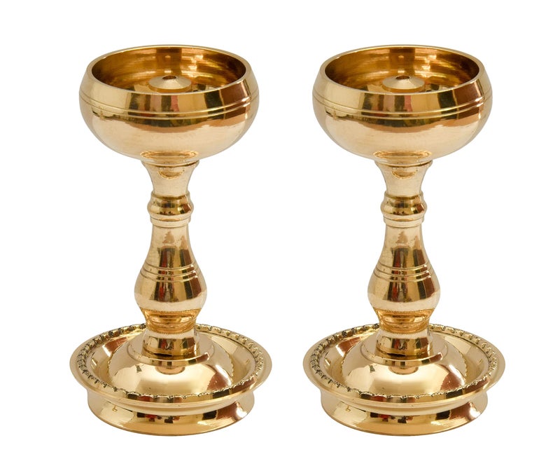 Bhimonee Decor | Pure Brass Udupi Nanda Bowl Long Table Diya | 4.25 Inches Big | Brass | Pack of 2 Pieces | Traditional Lighting for Home Decor - Image 2