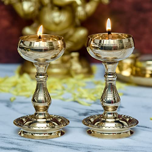 Bhimonee Decor | Pure Brass Udupi Nanda Bowl Long Table Diya | 4.25 Inches Big | Brass | Pack of 2 Pieces | Traditional Lighting for Home Decor - Image 1