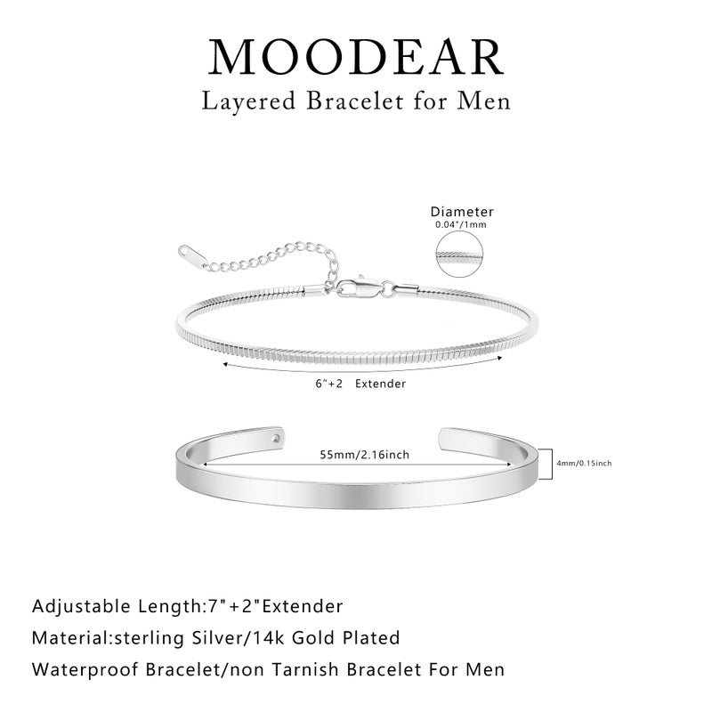 Moodear Stackable Bracelets for Men - 925 Sterling Silver Snake Chain Bangle Cuff Bracelet Set Mens Jewelry - Image 5