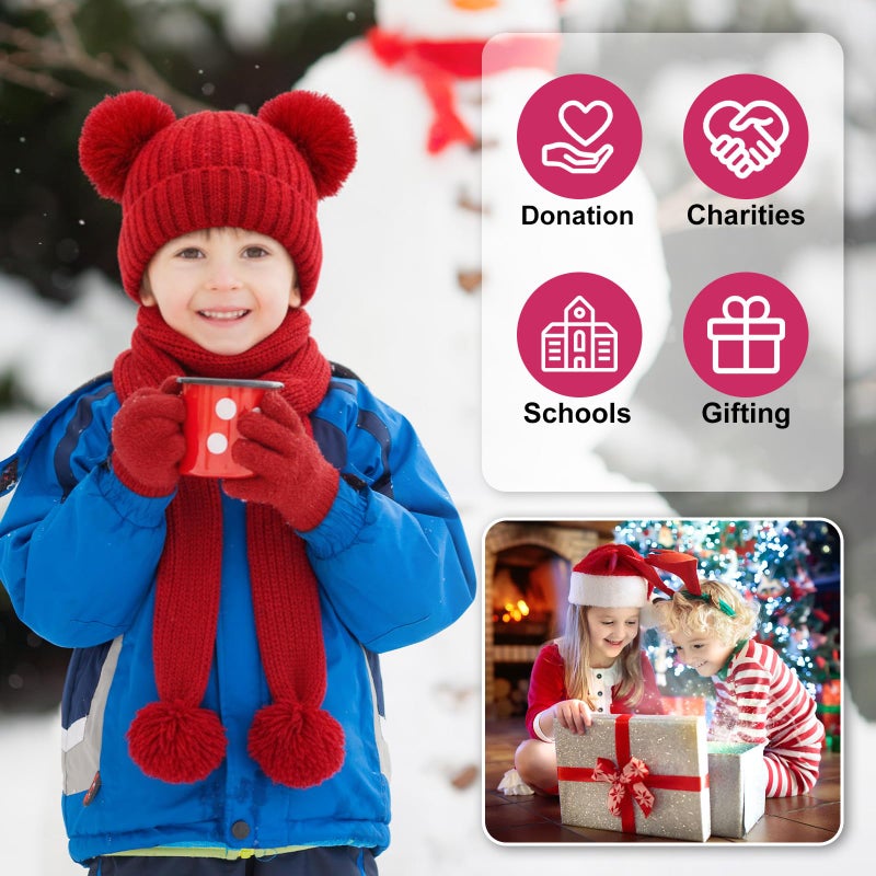 ShinyMatch 18 Pcs Kids Hat Gloves Scarf Winter Set, 6 Color for 5-10 Girl Boy Knit Beanie with Pom Fleece Neck Warmer Mittens(Black, Navy Blue, Pink, Red, Gray, White) - Image 5