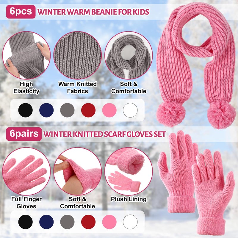 ShinyMatch 18 Pcs Kids Hat Gloves Scarf Winter Set, 6 Color for 5-10 Girl Boy Knit Beanie with Pom Fleece Neck Warmer Mittens(Black, Navy Blue, Pink, Red, Gray, White) - Image 3