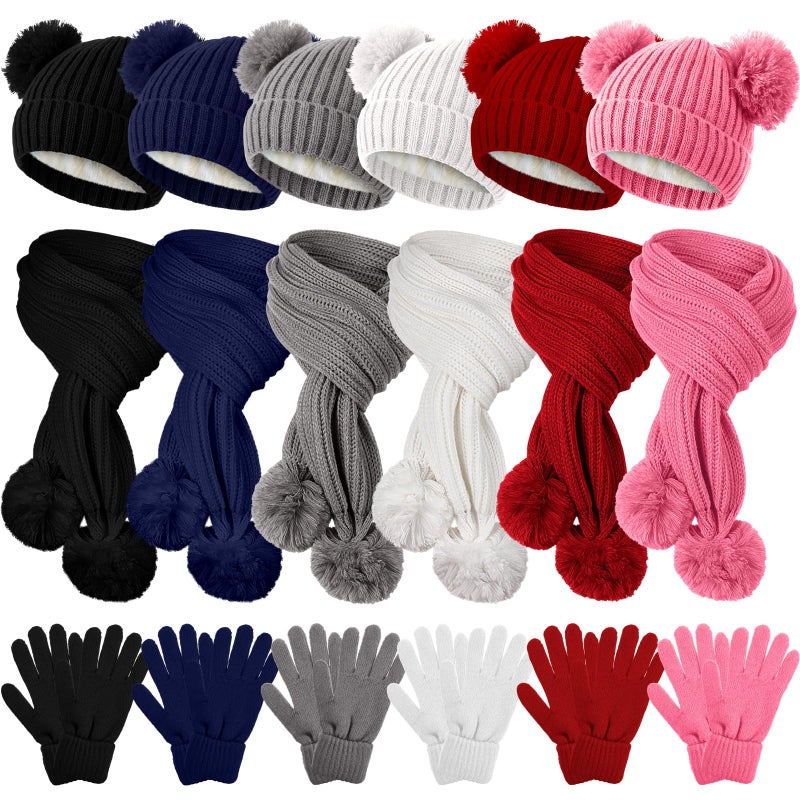 ShinyMatch 18 Pcs Kids Hat Gloves Scarf Winter Set, 6 Color for 5-10 Girl Boy Knit Beanie with Pom Fleece Neck Warmer Mittens(Black, Navy Blue, Pink, Red, Gray, White) - Image 1