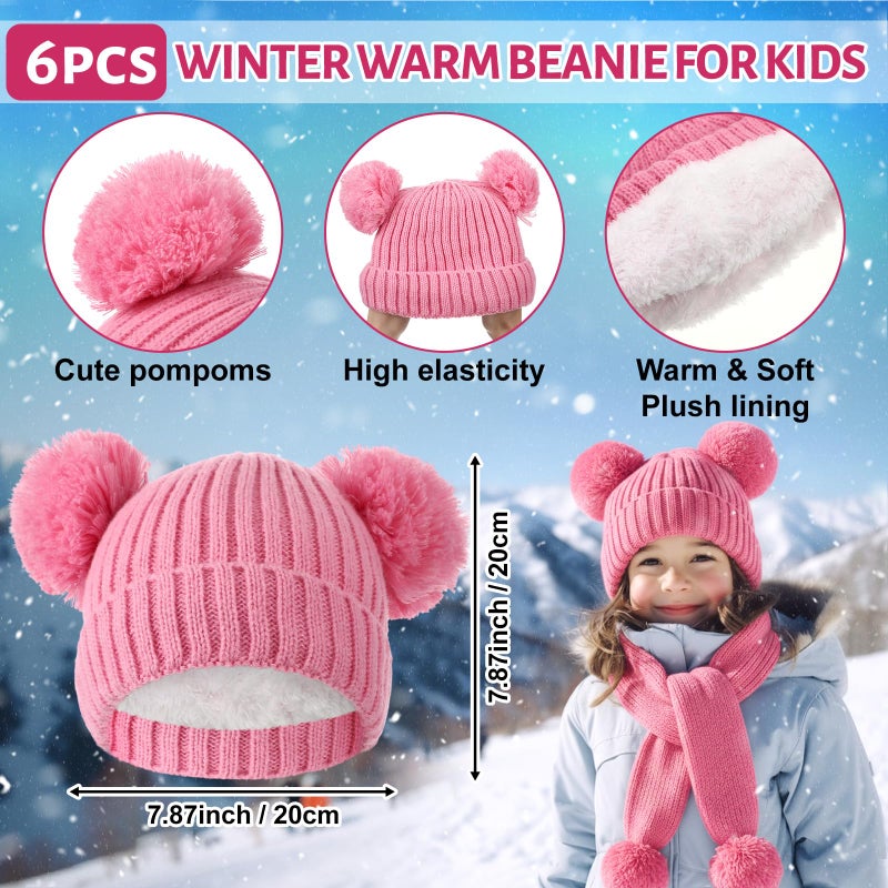 ShinyMatch 18 Pcs Kids Hat Gloves Scarf Winter Set, 6 Color for 5-10 Girl Boy Knit Beanie with Pom Fleece Neck Warmer Mittens(Black, Navy Blue, Pink, Red, Gray, White) - Image 2