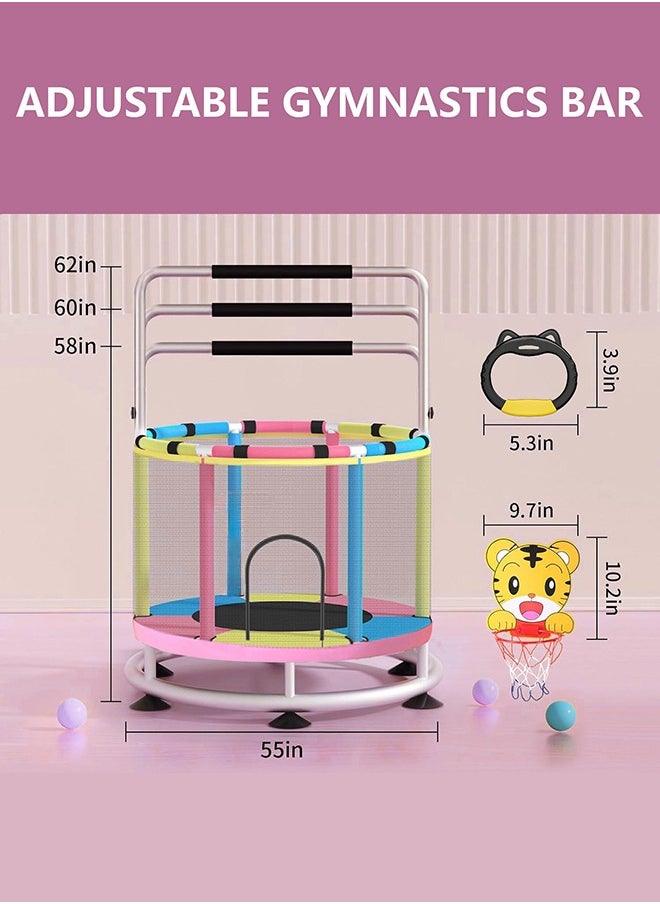 XiuWoo Trampoline for Kids, 140cm Toddler Trampoline Indoor and Outdoor,Load Bearing 250kg Kids Trampoline with Enclosure Net, Mini Trampoline with T-handrail Swing Sandbag Basketball Hoop Adjustable Gymnastics Bar,Blue Pink Yellow  - Image 3