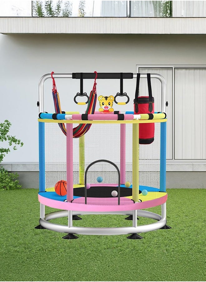XiuWoo Trampoline for Kids, 140cm Toddler Trampoline Indoor and Outdoor,Load Bearing 250kg Kids Trampoline with Enclosure Net, Mini Trampoline with T-handrail Swing Sandbag Basketball Hoop Adjustable Gymnastics Bar,Blue Pink Yellow  - Image 4