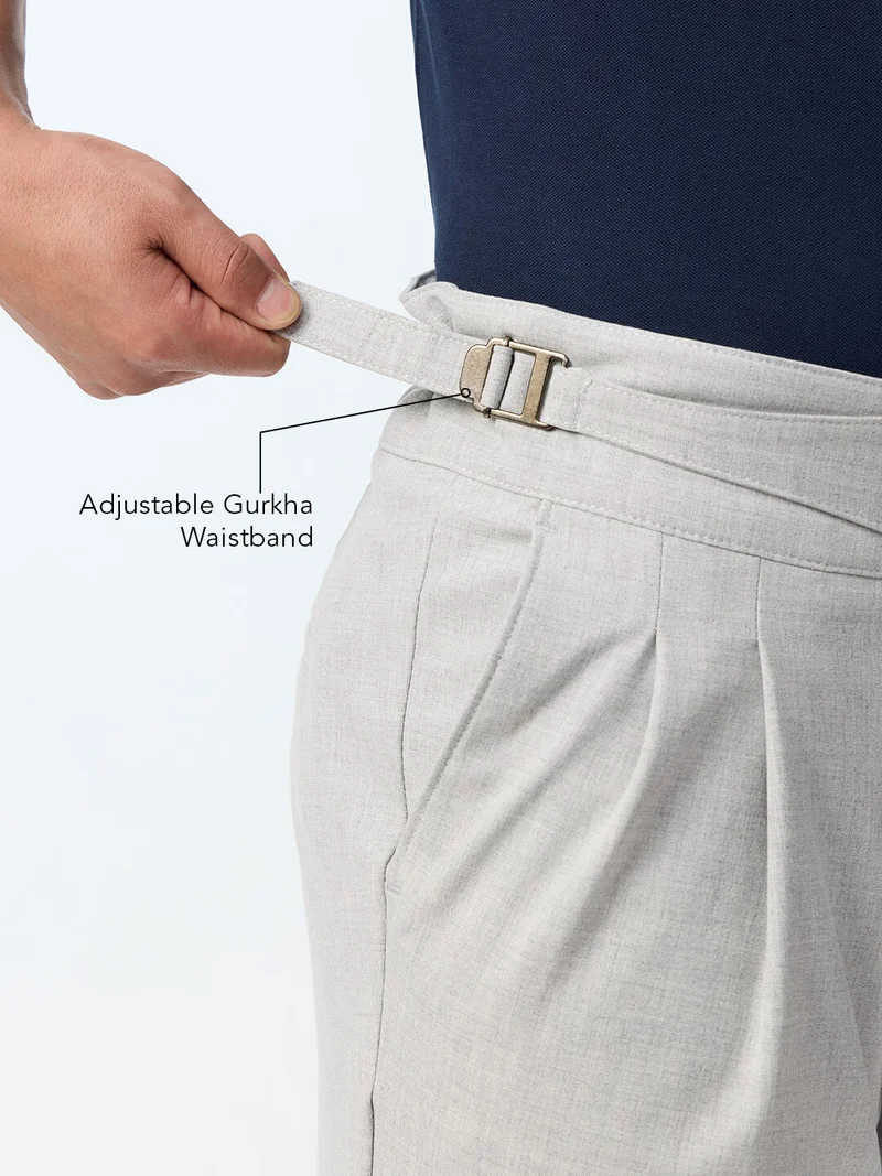 The Souled Store  The Souled Store : Gurkha Pants Men and Boys Steel Grey Solid Polyester Viscose Blend Straight Fit Adjustable Gurkha Waistband Wrinkle-Resistant 4-Way Stretch Trousers  | Best Price UAE