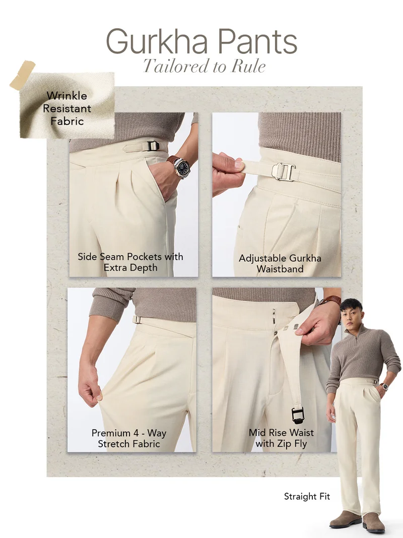 The Souled Store  The Souled Store : Gurkha Pants Men and Boys Steel Grey Solid Polyester Viscose Blend Straight Fit Adjustable Gurkha Waistband Wrinkle-Resistant 4-Way Stretch Trousers  | Best Price UAE
