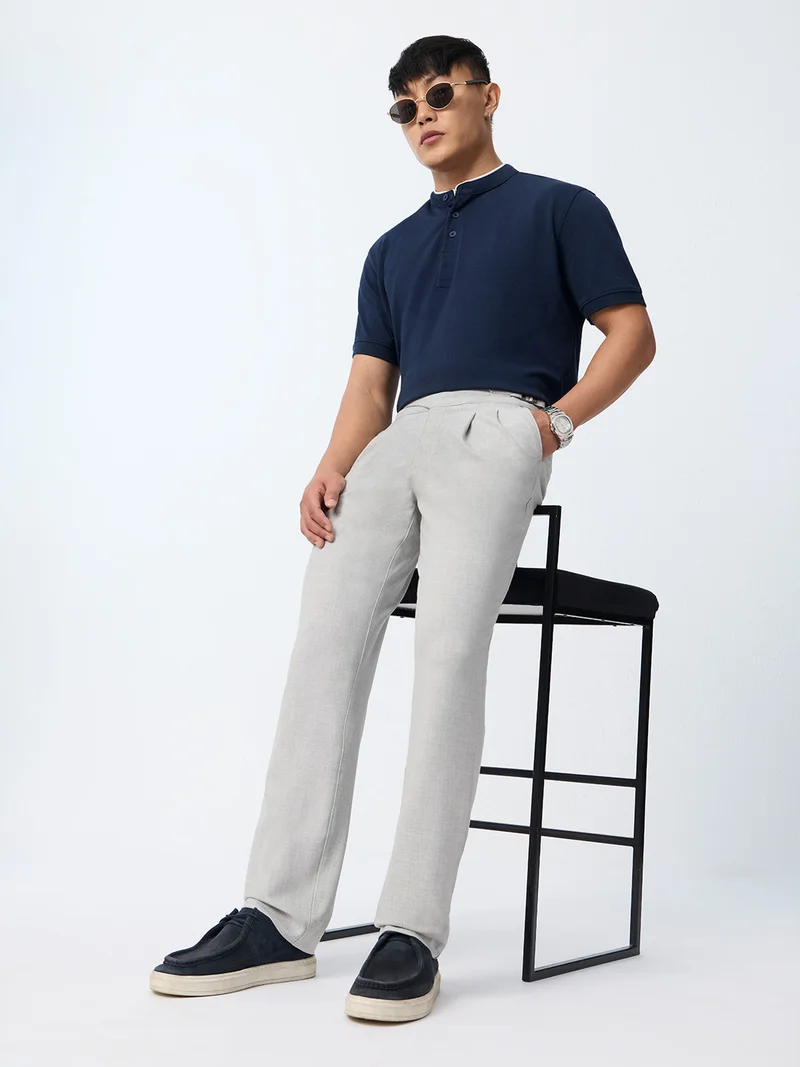 The Souled Store : Gurkha Pants Men and Boys Steel Grey Solid Polyester Viscose Blend Straight Fit Adjustable Gurkha Waistband Wrinkle-Resistant 4-Way Stretch Trousers