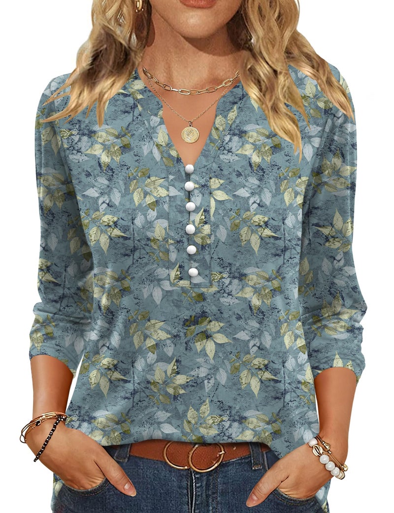 LUYAA Plus Size Tops for Women Trendy Womens Button Down Shirt V Neck 3/4 Length Sleeve Womens Tops Business Casual Outfits for Women Gray Blue Floral XL - Image 1