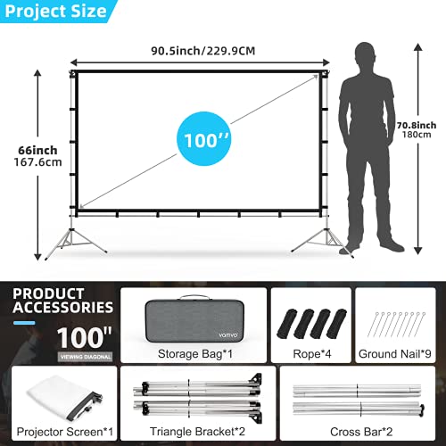 Vamvo Outdoor Projector Screen with Stand 100 Inch, Vamvo Portable Projector Screen Indoor Outdoor with Carry Bag, 16:9 4K HD Movie Screen for Home Backyard Theater - Image 5