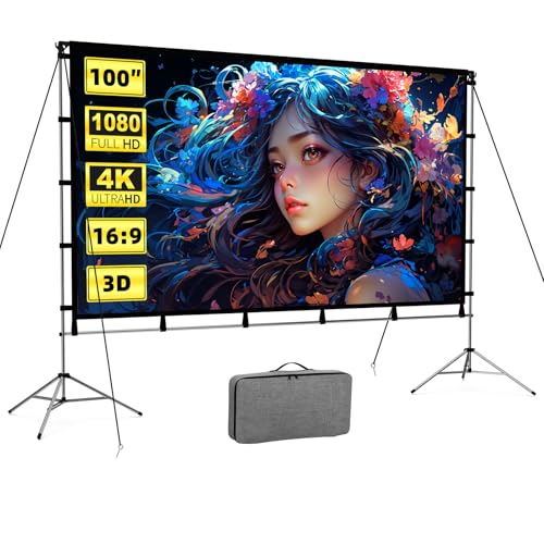 Vamvo Outdoor Projector Screen with Stand 100 Inch, Vamvo Portable Projector Screen Indoor Outdoor with Carry Bag, 16:9 4K HD Movie Screen for Home Backyard Theater - Image 1