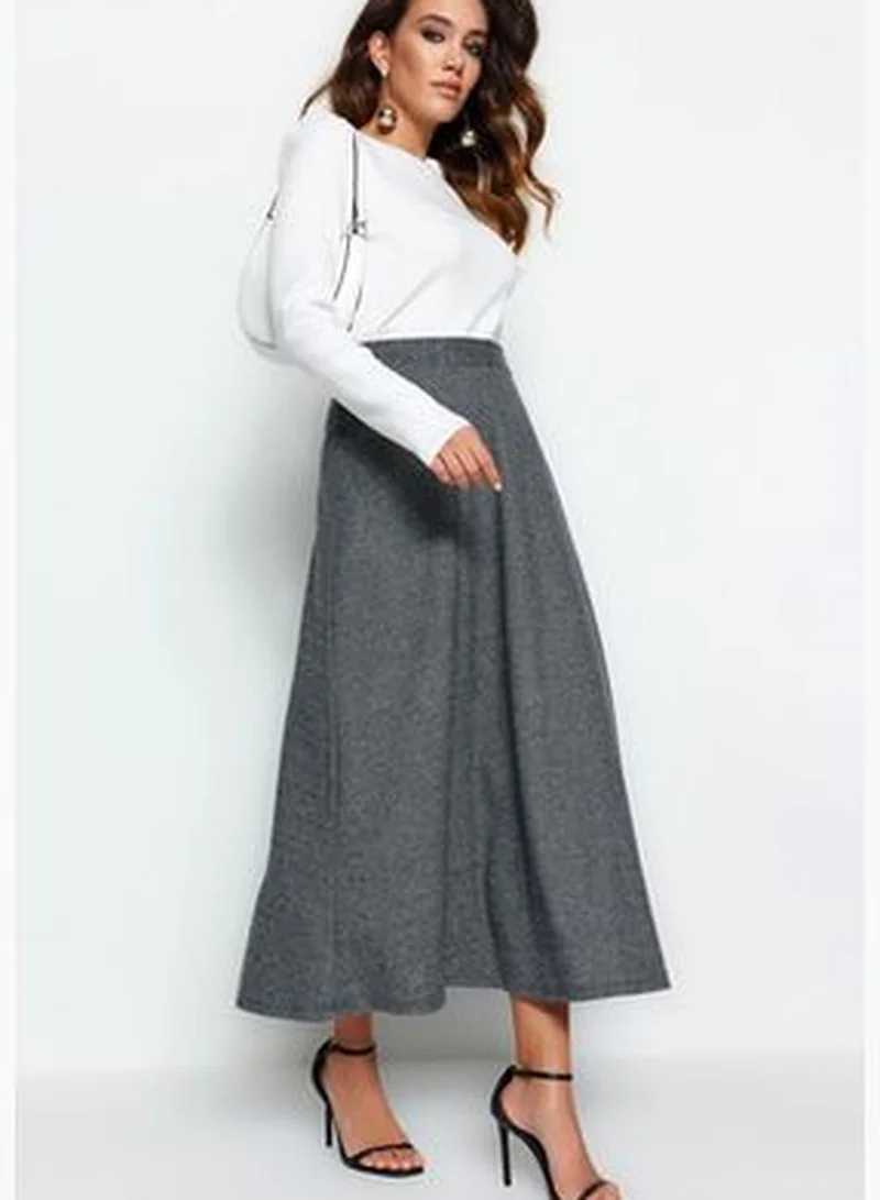 trendyol Gray High Waist A-Line Knitted Skirt With Button Closure TCTAW23EE00052