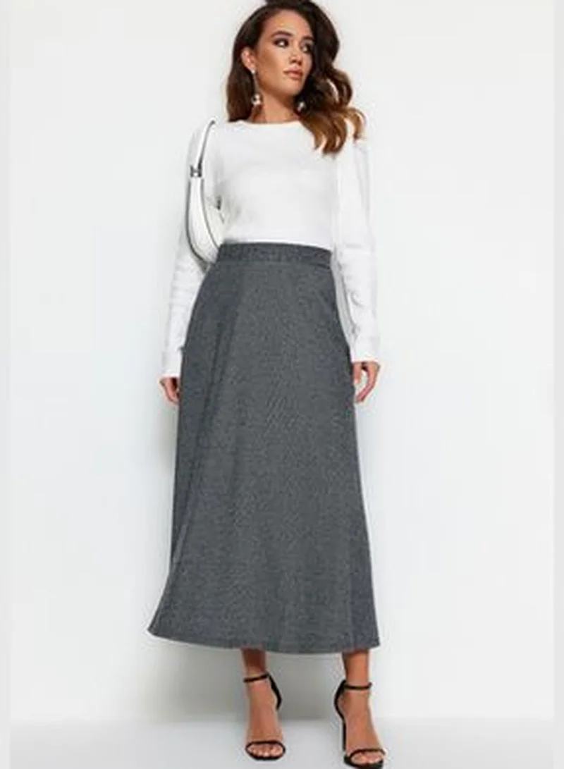 trendyol Gray High Waist A-Line Knitted Skirt With Button Closure TCTAW23EE00052