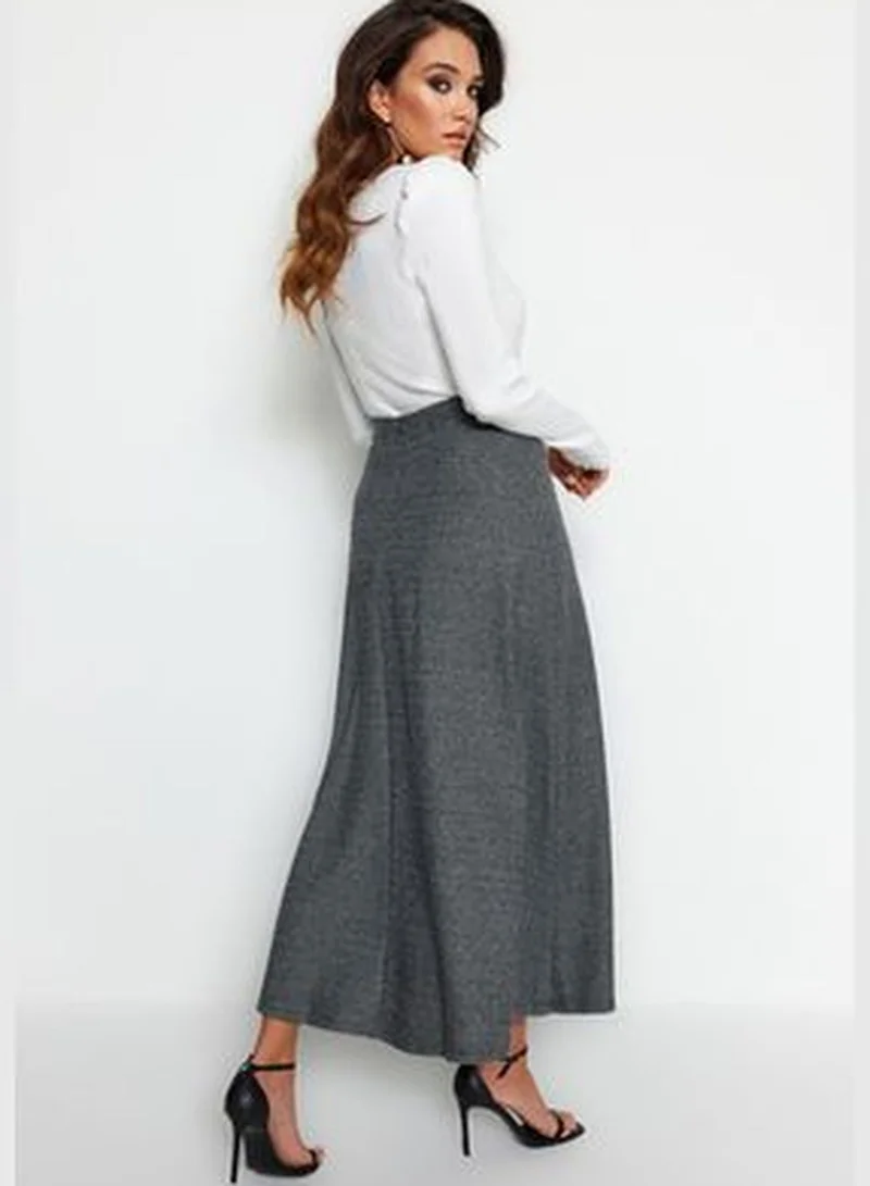 trendyol Gray High Waist A-Line Knitted Skirt With Button Closure TCTAW23EE00052