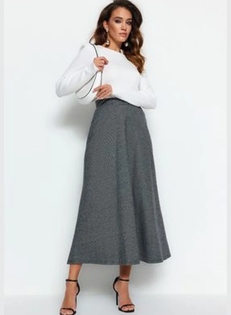 trendyol Gray High Waist A-Line Knitted Skirt With Button Closure TCTAW23EE00052