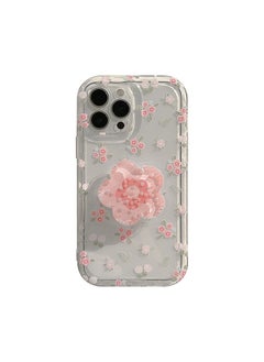 Compatible with iPhone 15 Pro Max Case, Beautiful Pink Flower Patterns with Quicksand Flower Stand for Women Girly, Soft TPU Full Protective Cover- Pink