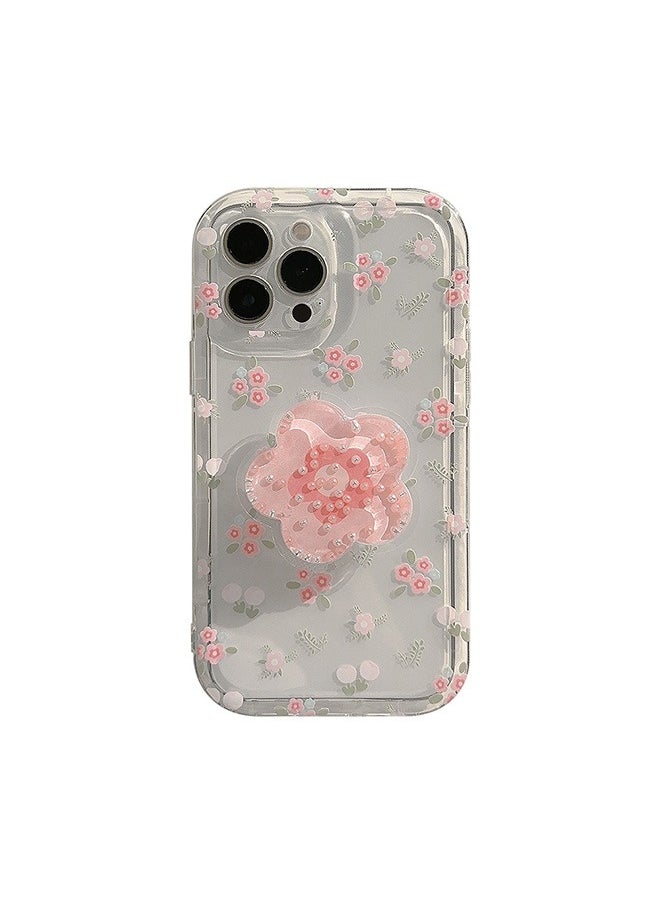 Generic - Compatible with iPhone 15 Pro Max Case, Beautiful Pink Flower Patterns with Quicksand Flower Stand for Women Girly, Soft TPU Full Protective Cover- Pink - Image 1