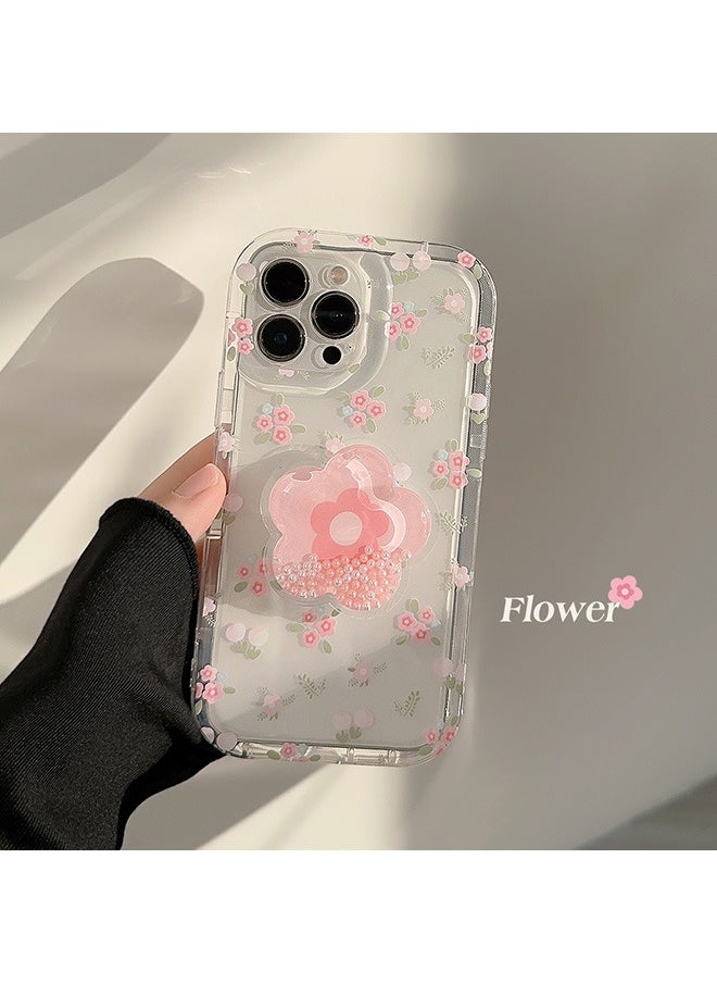 Generic - Compatible with iPhone 15 Pro Max Case, Beautiful Pink Flower Patterns with Quicksand Flower Stand for Women Girly, Soft TPU Full Protective Cover- Pink - Image 1