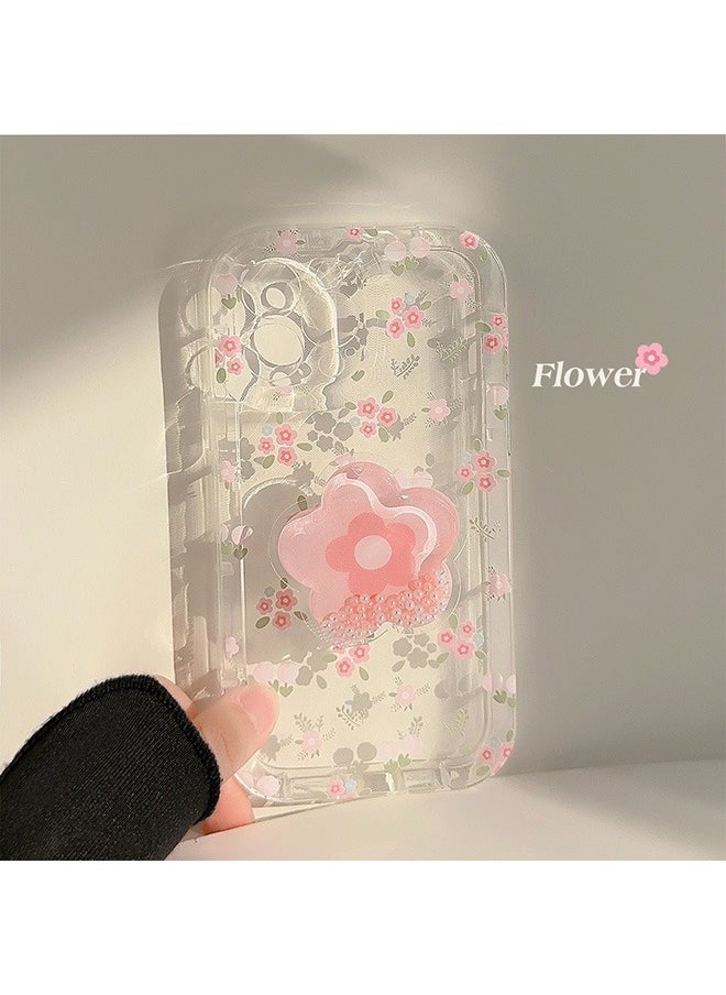 Generic - Compatible with iPhone 15 Pro Max Case, Beautiful Pink Flower Patterns with Quicksand Flower Stand for Women Girly, Soft TPU Full Protective Cover- Pink - Image 1