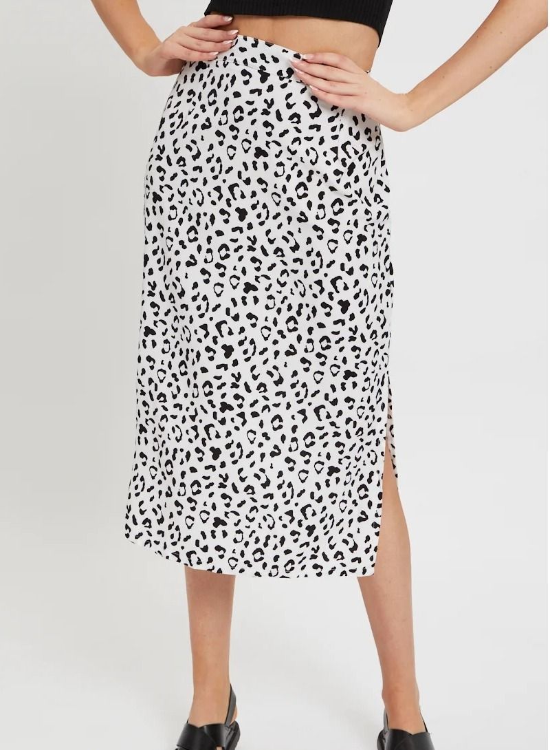 Loquat Women High Waist Skirt Leopard Print Midi Beach Side Slit Skirt White  - Image 1