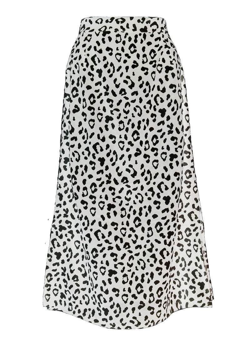 Loquat Women High Waist Skirt Leopard Print Midi Beach Side Slit Skirt White  - Image 3