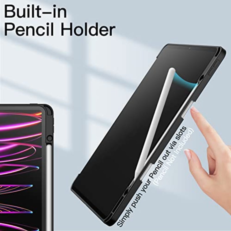 حافظة iPad Pro 12.9 لموديلات 2022/2021/2020/2018: ظهر شفاف من مادة TPU، زخرفة سوداء، تصميم نحيف مقاوم للصدمات مع حامل قلم رصاص، حامل ثلاثي الطي والتنبيه/النوم التلقائي - Image 5