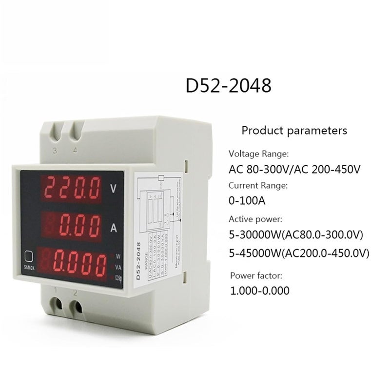 DIN-Rail Multi-Function Meter AC80-300V AC200-450V 100A Digital LED Voltage Current Active Power Factor Energy Meter Voltmeter(D52-2048,AC 80-300V) - Image 5