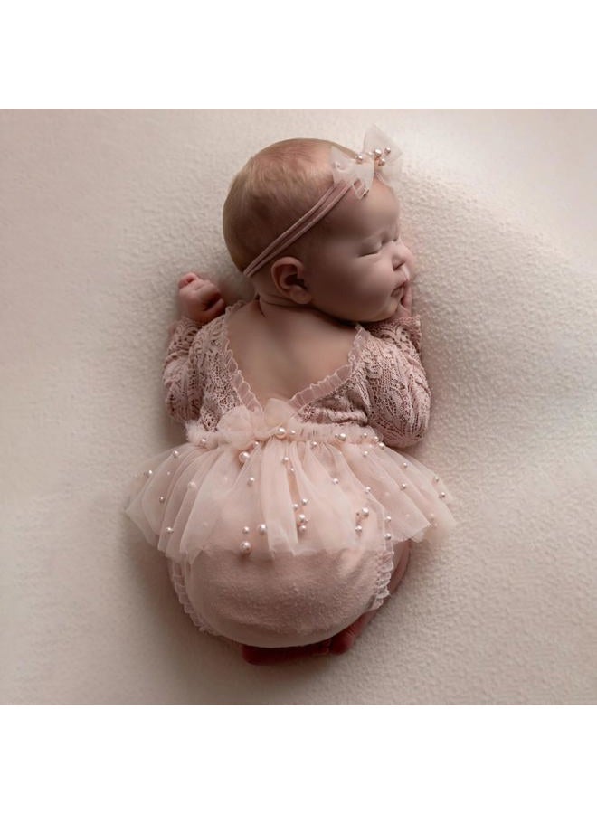 Befygier Newborn Photography Outfits Girl, 2 PCs Baby Girl Photoshoot Props, Newborn Lace Romper with Headband Set for Photo Shoot (Pink Long Sleeve) - Image 4