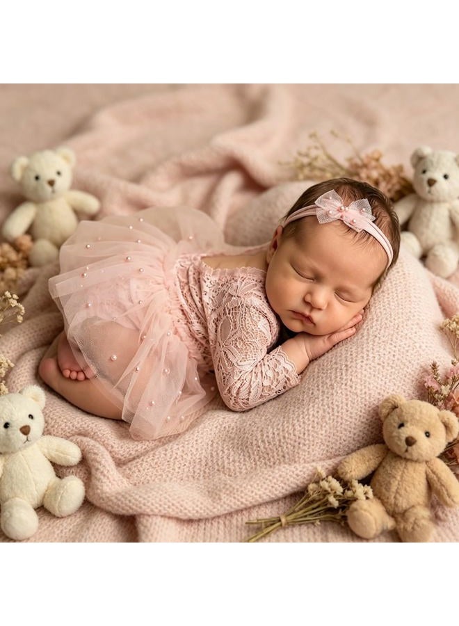 Befygier Newborn Photography Outfits Girl, 2 PCs Baby Girl Photoshoot Props, Newborn Lace Romper with Headband Set for Photo Shoot (Pink Long Sleeve) - Image 3