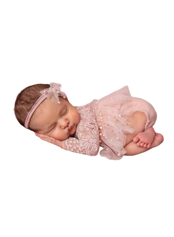 Befygier Newborn Photography Outfits Girl, 2 PCs Baby Girl Photoshoot Props, Newborn Lace Romper with Headband Set for Photo Shoot (Pink Long Sleeve) - Image 1