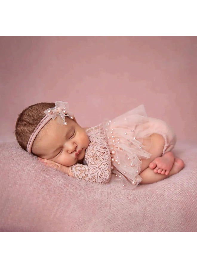 Befygier Newborn Photography Outfits Girl, 2 PCs Baby Girl Photoshoot Props, Newborn Lace Romper with Headband Set for Photo Shoot (Pink Long Sleeve) - Image 2