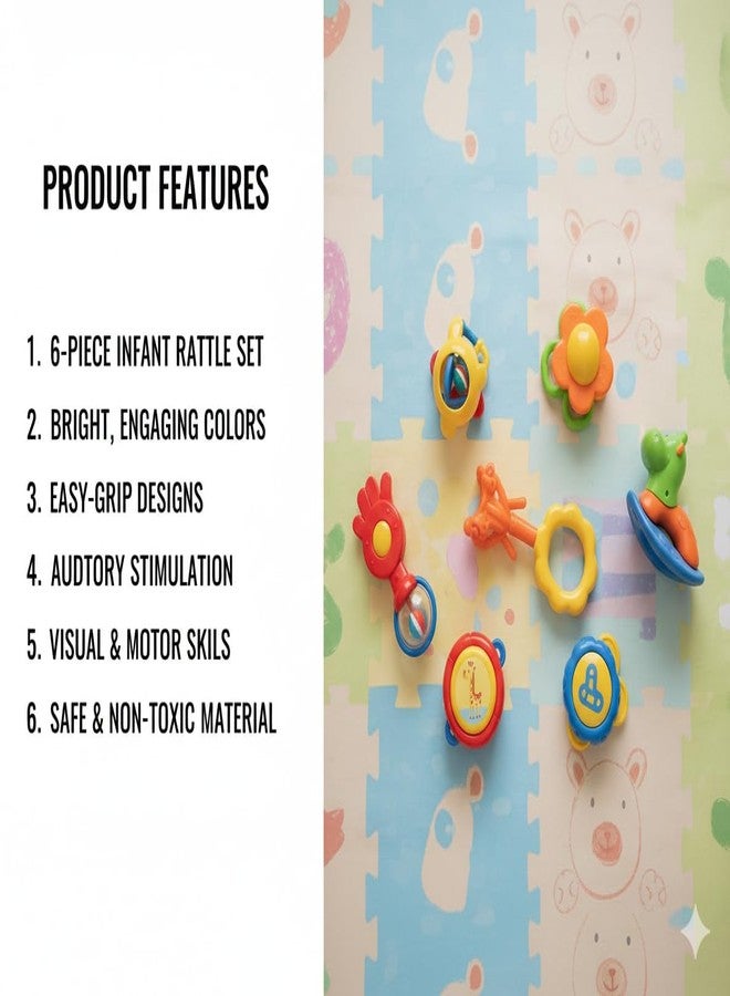 Toyfinity 6 Rattles Baby Rattle Set with teether, Non Toxic Baby Toys for Early Development, Colorful rattles, Safe Grip Design, Premium Quality Infant Toy Set (Assorted Color) - Image 5