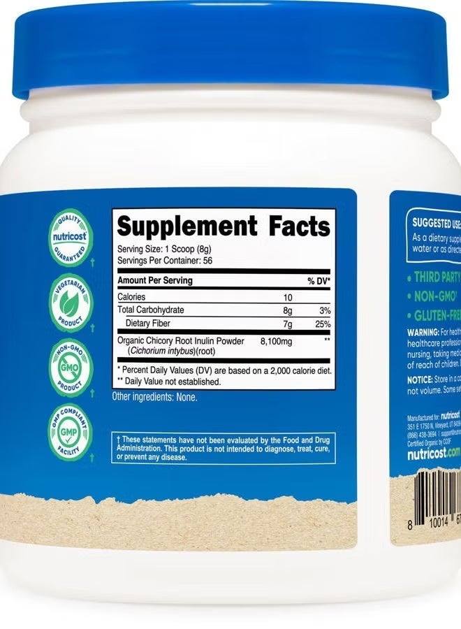 بودرة Nutricost Organic Inulin Powder غير منكهة (16.2 أونصة / 454 غ) هي بودرة إينولين عضوية — ألياف نباتية قابلة للتخمّر تُستخدم لدعم صحة الجهاز الهضمي، نمو البكتيريا المفيدة، وتحسين الامتصاص الغذائي. يمكنك خلطها بسهولة مع الماء، العصائر، أو smoothies في عبوة 454 غرام. - Image 4