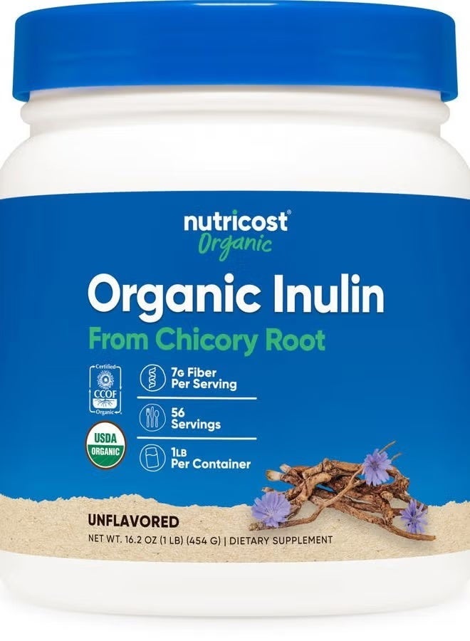بودرة Nutricost Organic Inulin Powder غير منكهة (16.2 أونصة / 454 غ) هي بودرة إينولين عضوية — ألياف نباتية قابلة للتخمّر تُستخدم لدعم صحة الجهاز الهضمي، نمو البكتيريا المفيدة، وتحسين الامتصاص الغذائي. يمكنك خلطها بسهولة مع الماء، العصائر، أو smoothies في عبوة 454 غرام. - Image 1