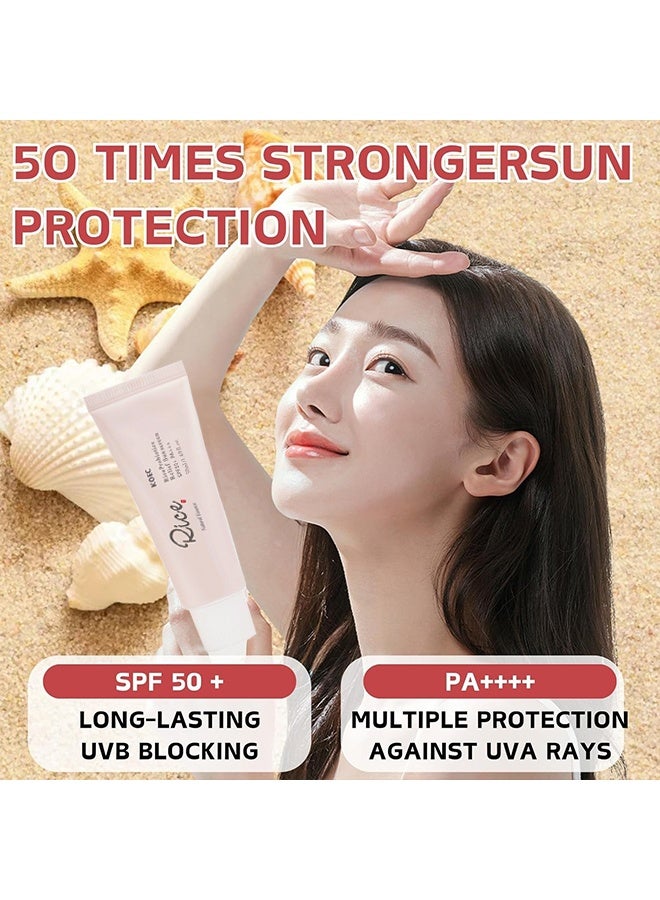 ك أو إي سي واقي الشمس بمستخلصات البروبيوتيك من الأرز SPF 50 PA، خلاصة الأرز الطبيعية، واقي الشمس اليومي للبروبيوتيك من الأرز للوجه، كريم الشمس لتخفيف البشرة للوجه PA، مرطب وجه خفيف وغير دهني SPF 50، 50مل - Image 3
